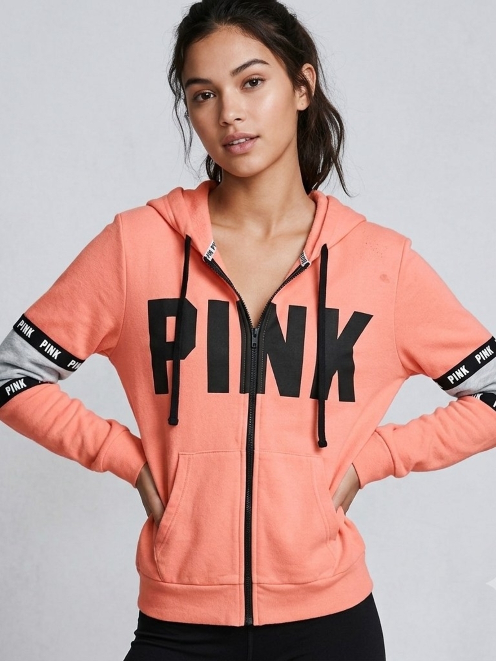 Victoria’s Secret PINK Peach Coral Full-Zip Hoodie Logo Colorblock Sleeve Large